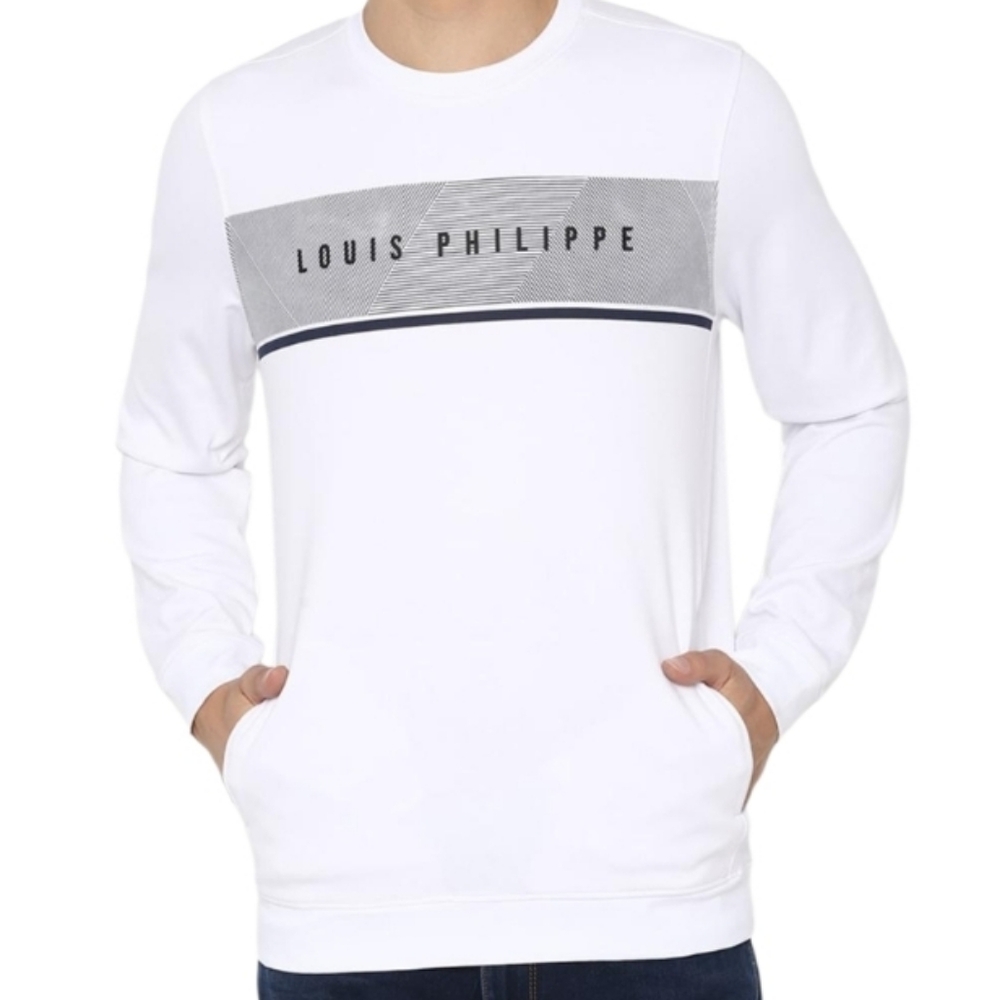 Louis Philippe Men's White and Gray Long Sleeve Tee